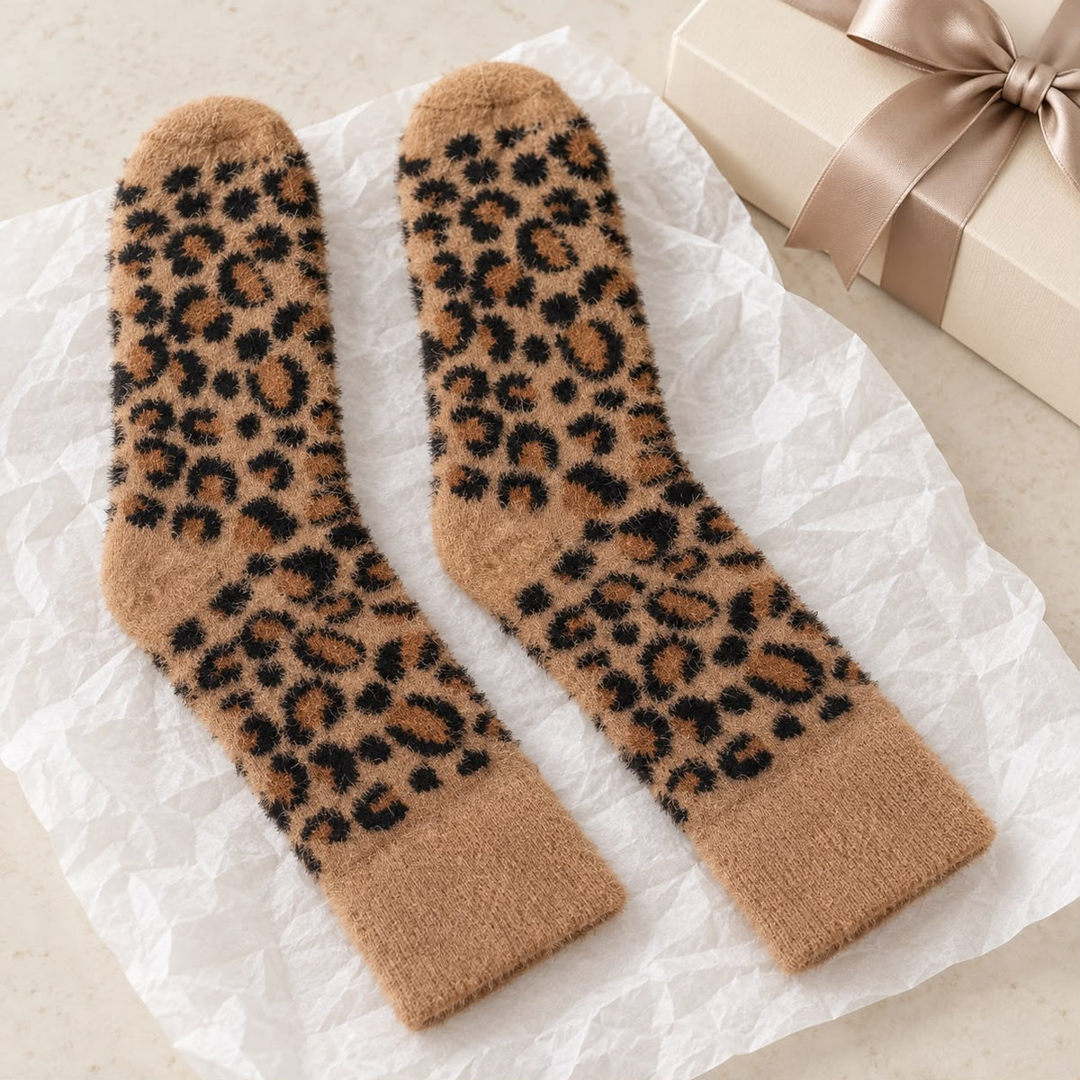 Tan Fluffy Leopard Print Socks