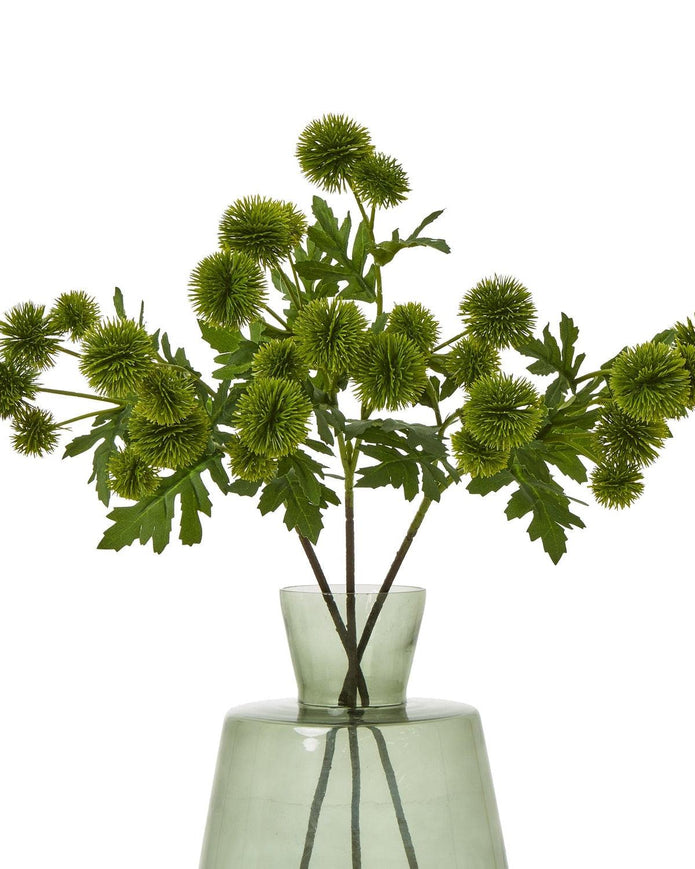 Artificial green globe thistle spray from Hill Interiors, showcasing realistic textured green globe-shaped flowers on a stem.