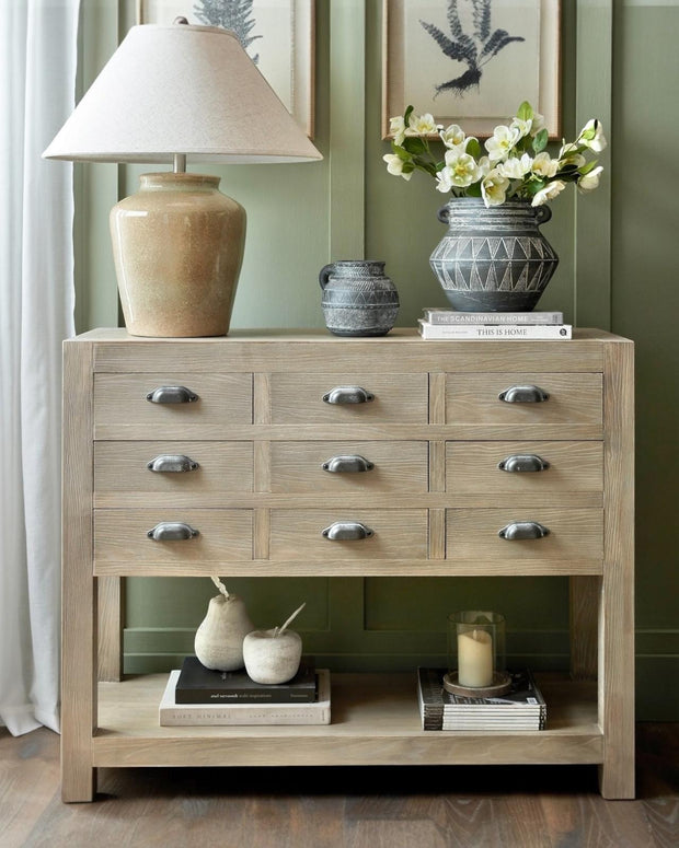 Haldon Collection 9-drawer chest with shelf from Hill Interiors, featuring wooden finish and modern storage design.