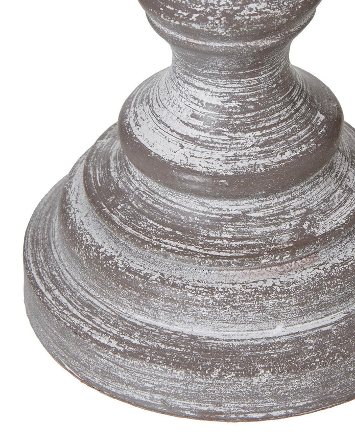 Weathered grey wooden lamp from Hill Interiors, showcasing a rustic lighting fixture with a natural wood finish.