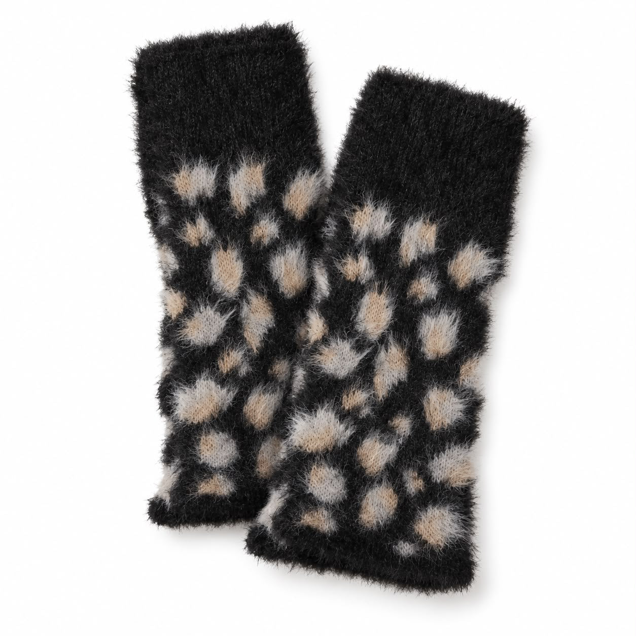Black Leopard Fluffy Knit Fingerless Gloves