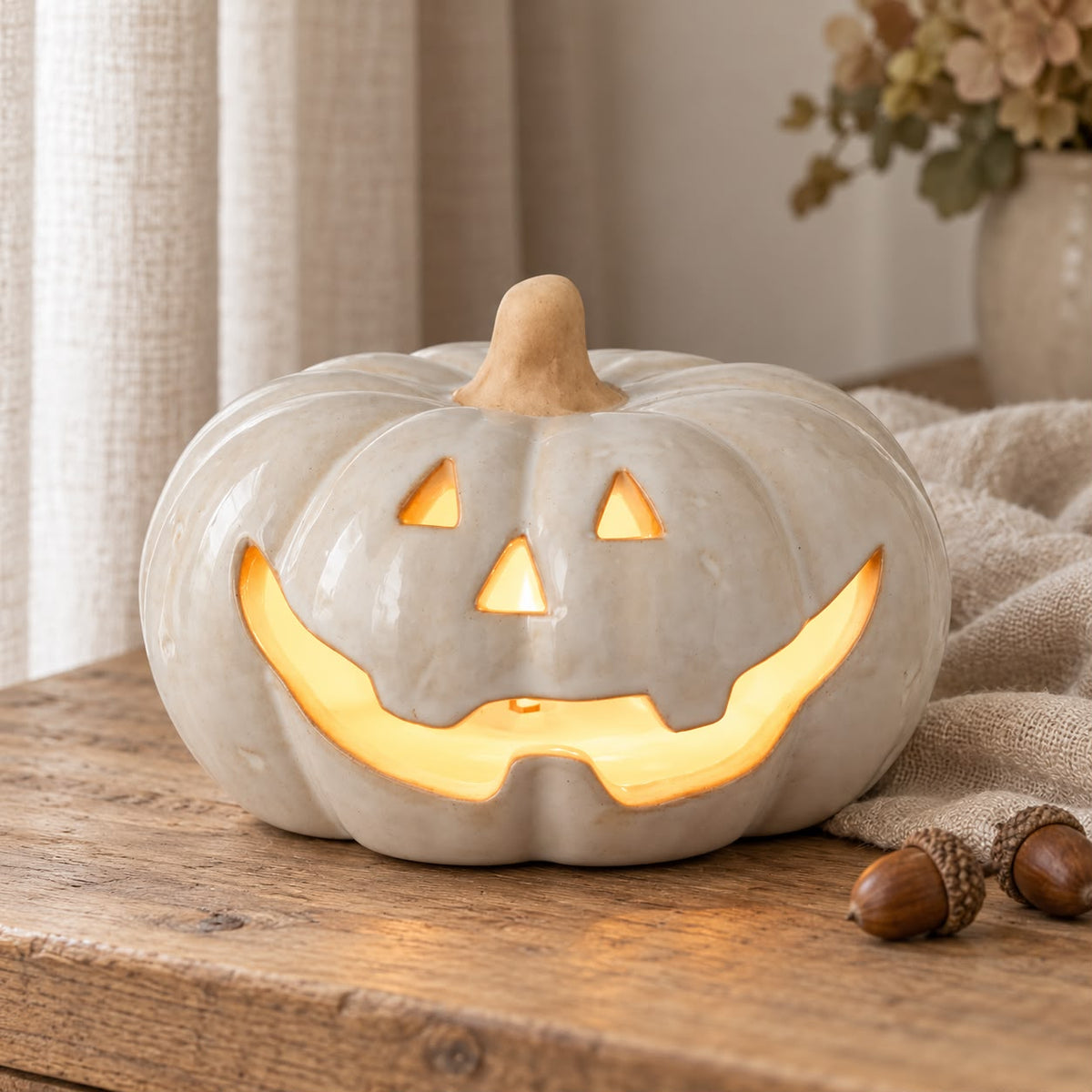 Neutral Ceramic LED Light Up Pumpkin Face
