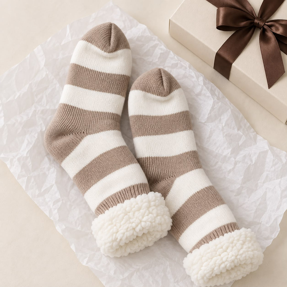 Cosy Slipper Socks - Beige Striped, beige striped slipper socks with fluffy cuffs beside a gift