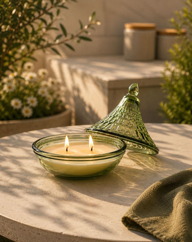 Embossed Tagine Glass Candle - Olive Green