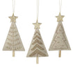 Natural Hanging Trees With Gold Star, three wooden hanging trees with star tops against white