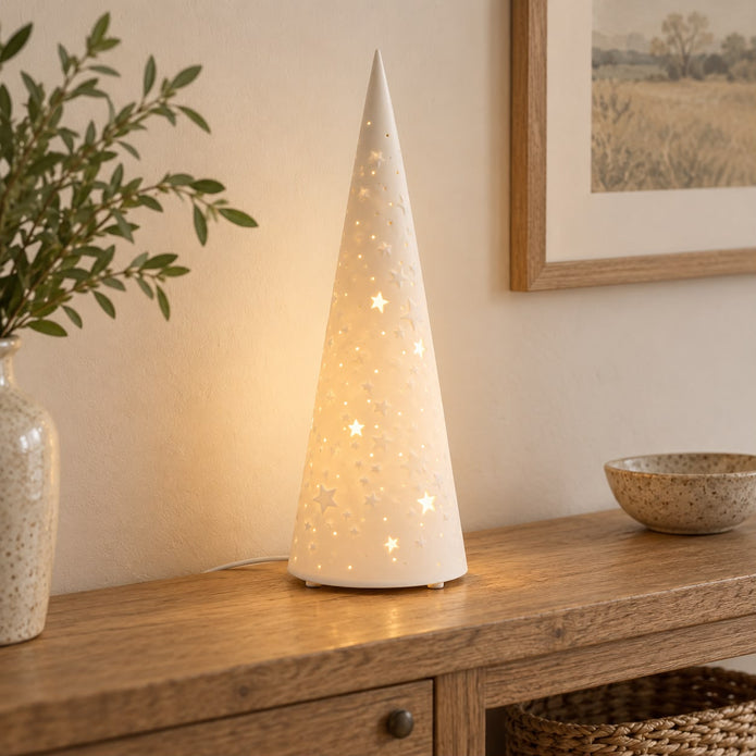 White porcelain Christmas tree lamp by Widdop & Co, decorated with festive details, perfect for holiday decor.