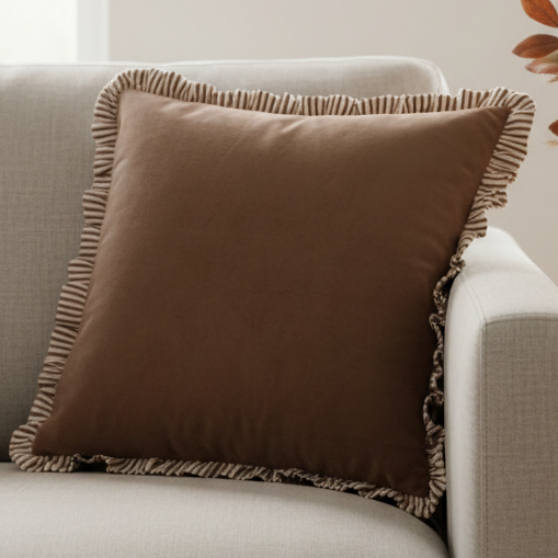 Brown Ruffle Matte Velvet Cushion Cover