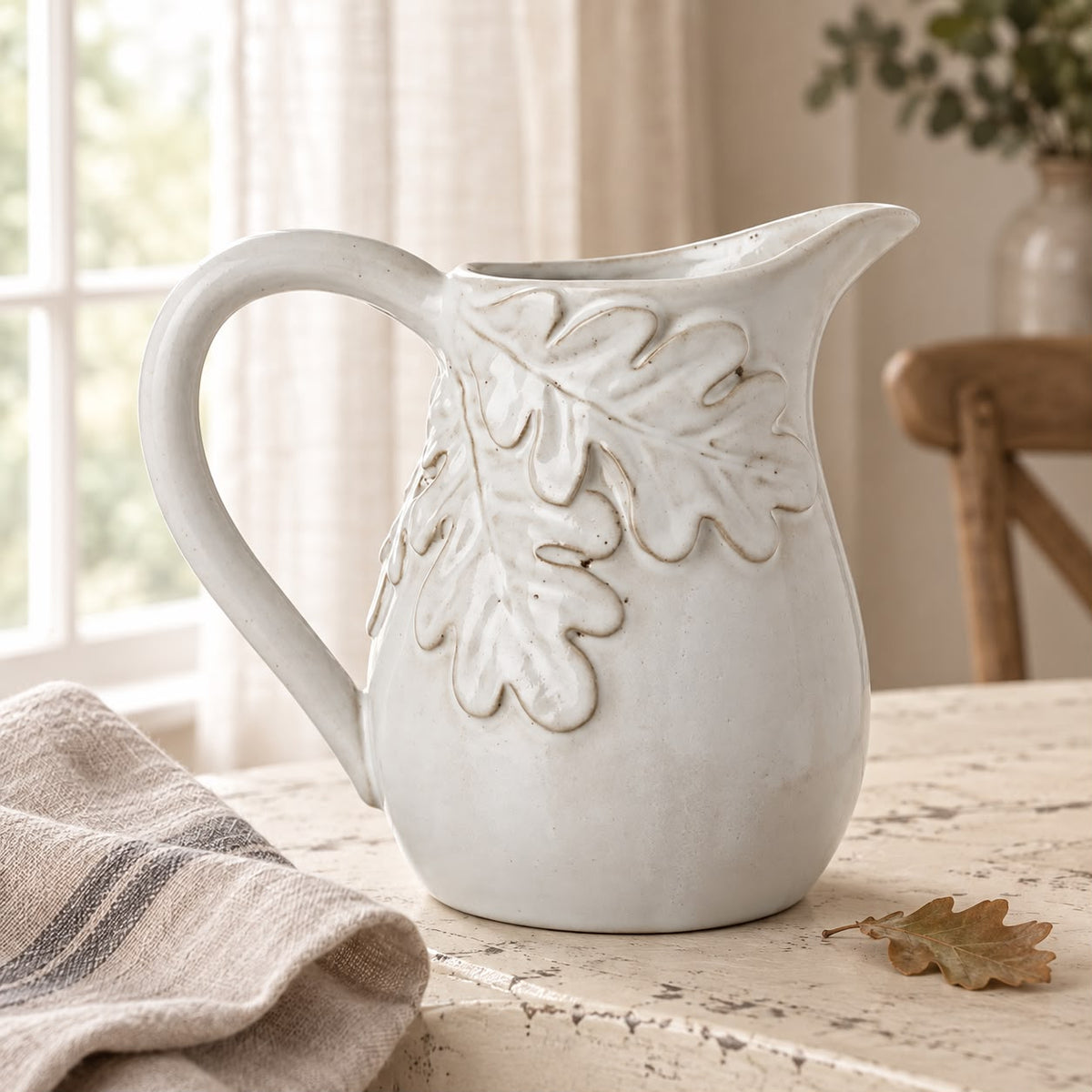 White Ceramic Jug With Oak Leaf Design