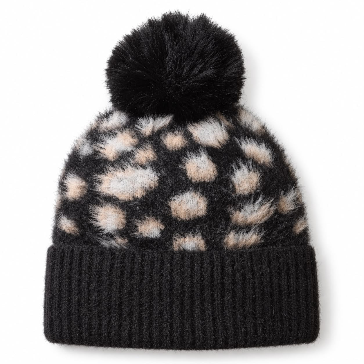 Black Leopard Print Fluffy Bobble Hat