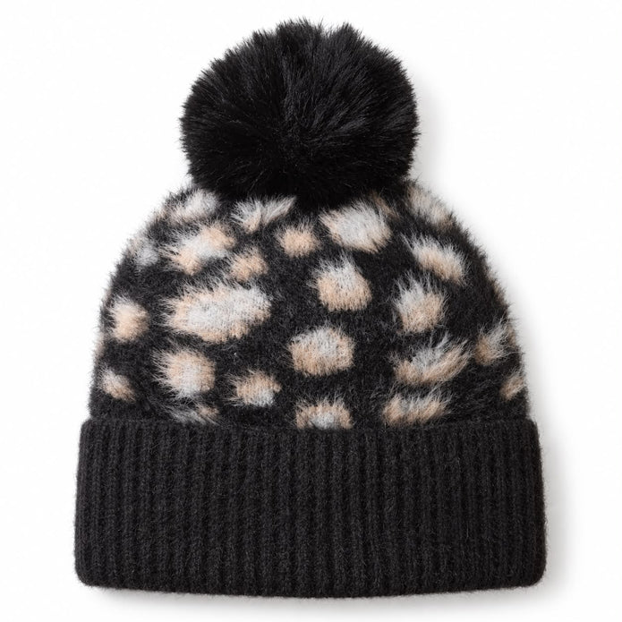 Black Leopard Print Fluffy Bobble Hat