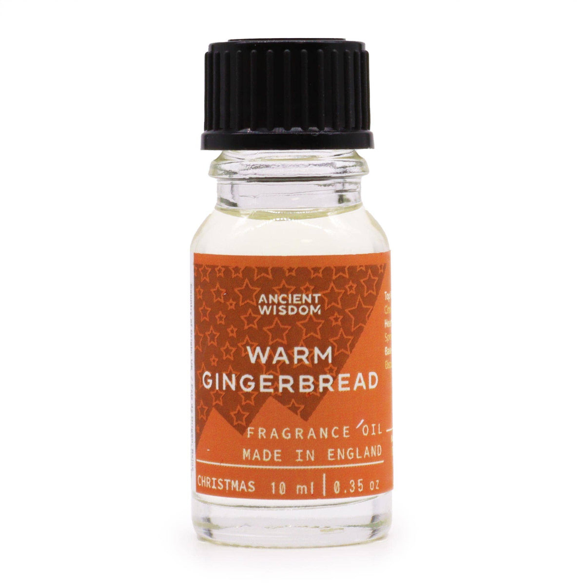 Ancient Wisdom Warm Gingerbread Christmas fragrance oil bottle with a 10ml capacity, featuring festive gingerbread scent.
