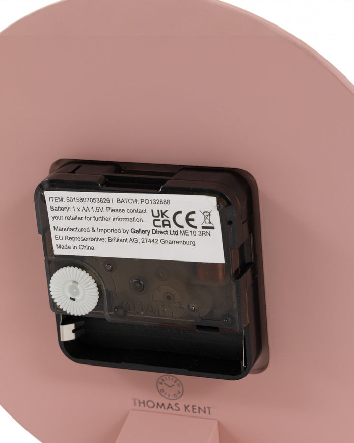 Gallery Direct Thomas Kent 6-inch Arabic Mantle Clock in blush pink with black numerals and classic design.