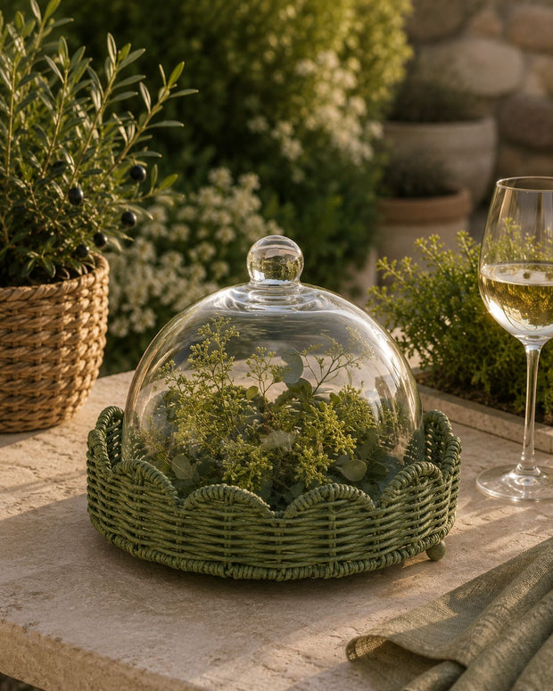 Glass Cloche On Footed Green Scalloped Wicker Base