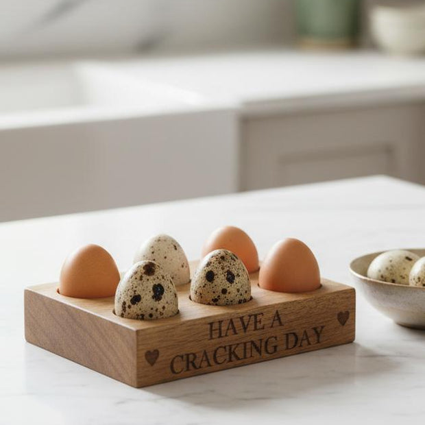Wooden Egg Holder 'Cracking Day', wooden egg holder filled with brown and speckled eggs