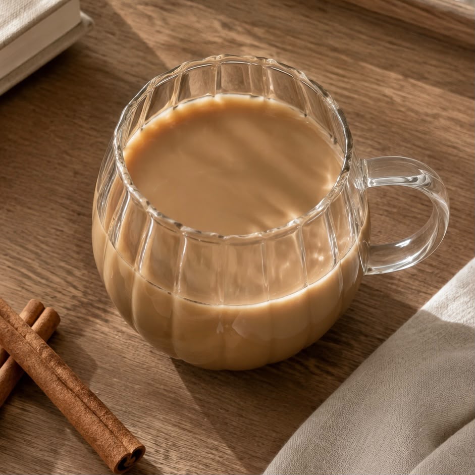 Glass Pumpkin Mug, top view of the clear pumpkin mug filled with coffee