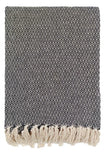 Black Recycled Yarn Blanket Throw, folded dark knitted throw with cream fringe against white