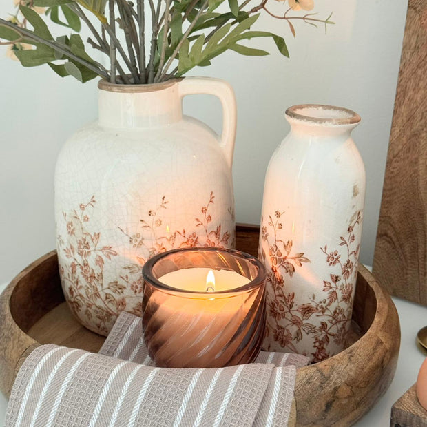 Shallow Wooden Fruit Bowl, shallow wooden bowl displaying floral vases and a candle