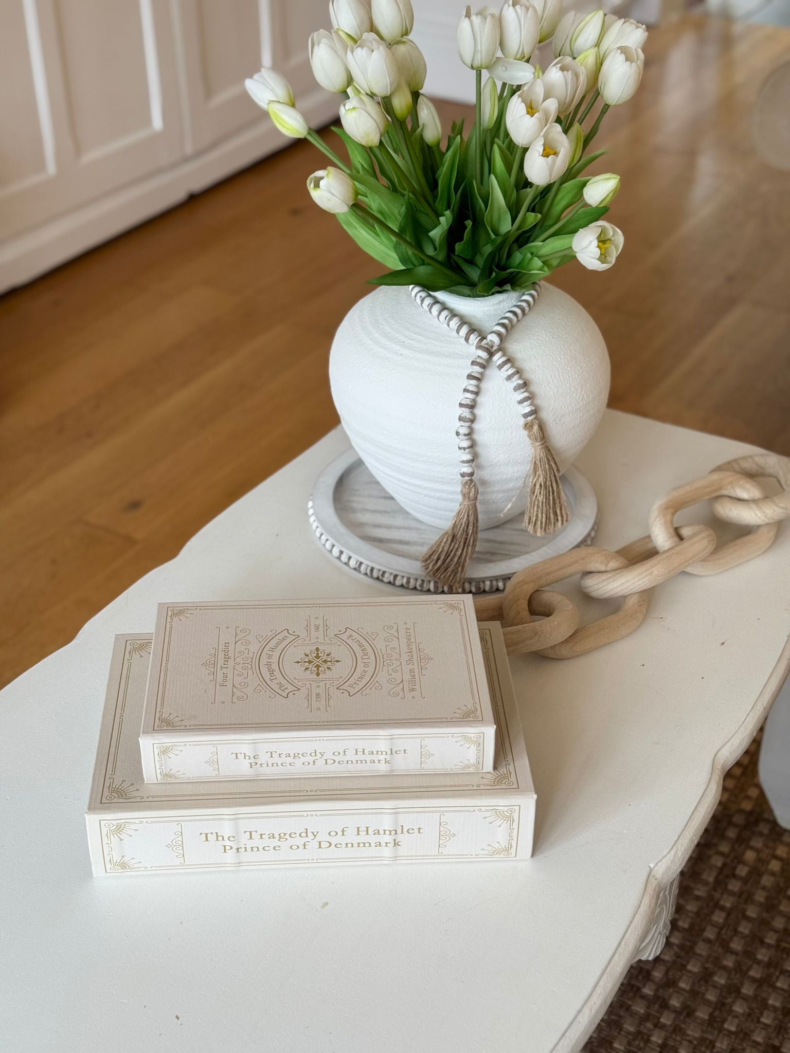 Set of two Coach House vintage cream and gold storage book boxes, decorative home decor with elegant design.