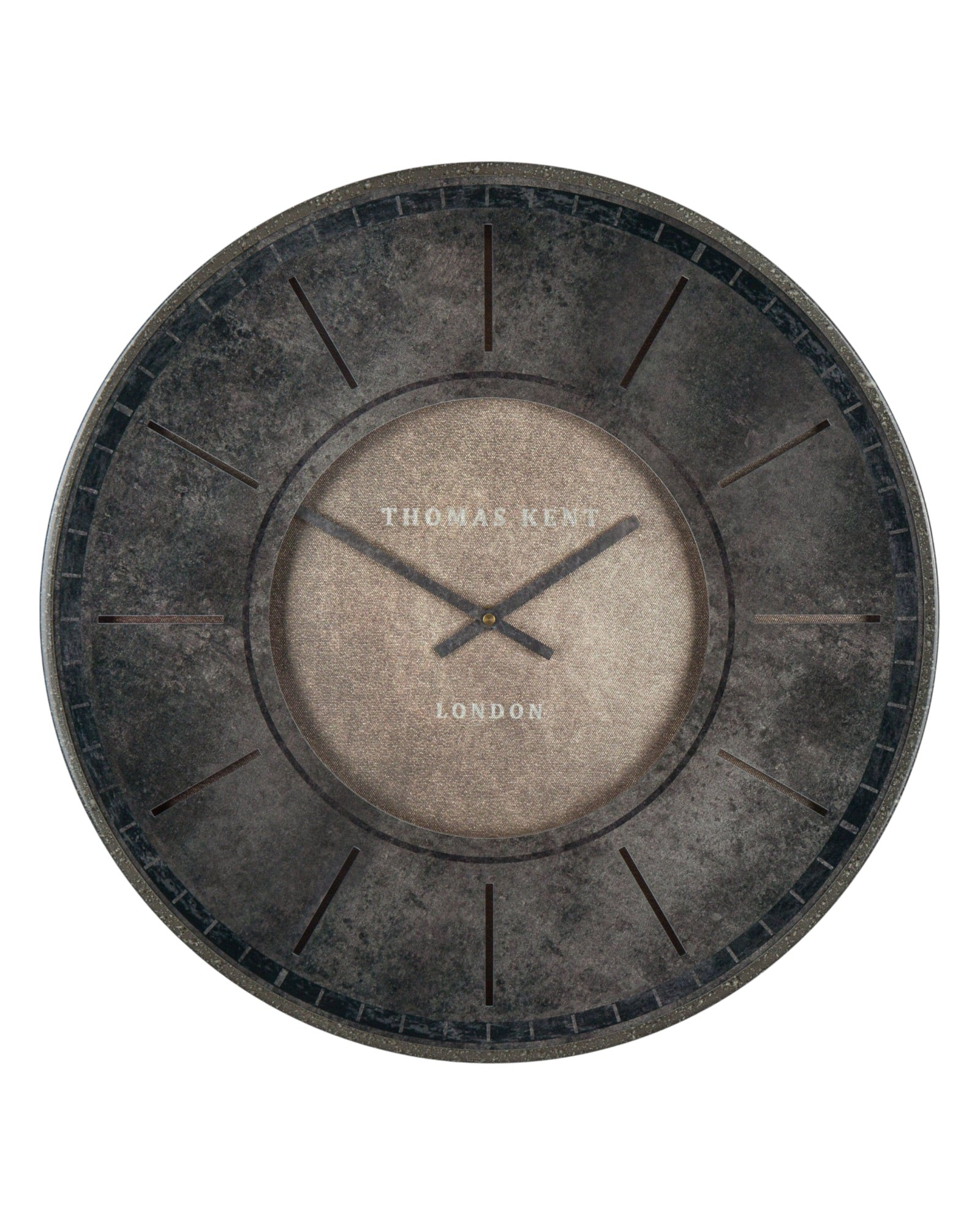 Thomas Kent Florentine wall clock in smoke finish, 21-inch round clock with modern design and black metal frame.