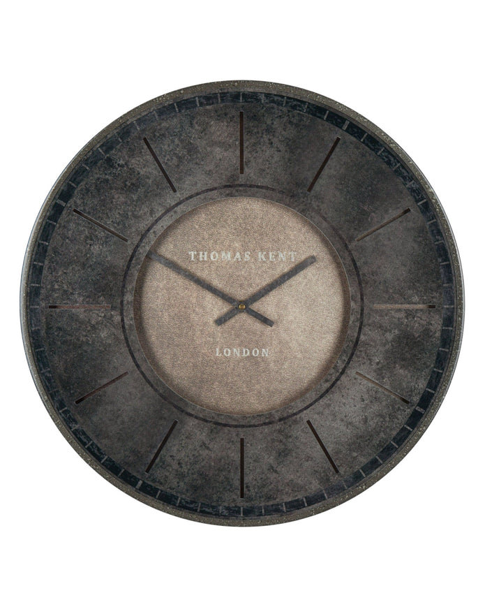 Thomas Kent Florentine wall clock in smoke finish, 21-inch round clock with modern design and black metal frame.