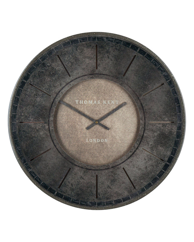 Thomas Kent Florentine wall clock in smoke finish, 21-inch round clock with modern design and black metal frame.