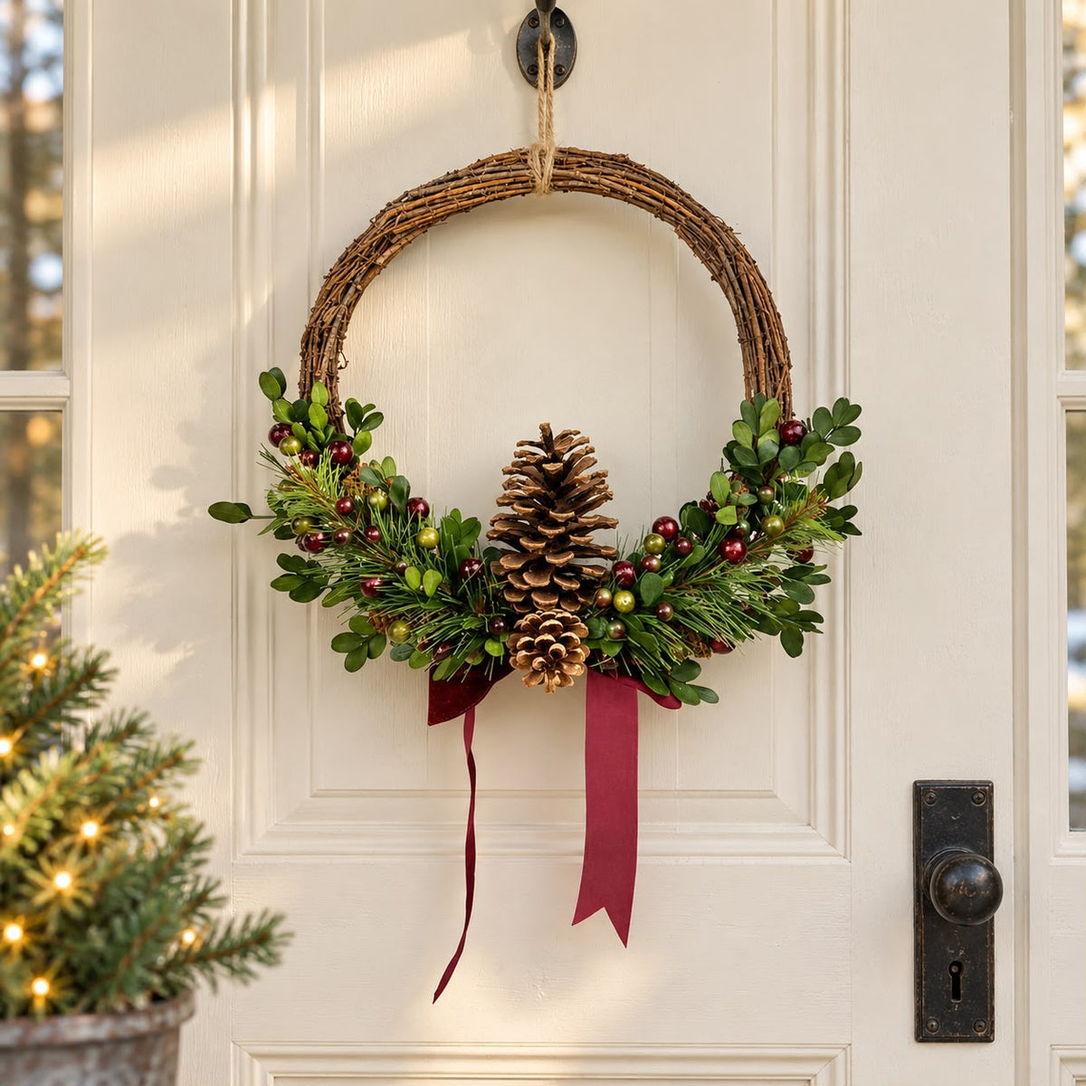 Rattan Pinceone and Berry Wreath with Burgundy Bow