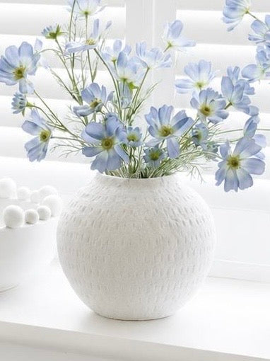 Ashen White Matt Round Vase, round textured white vase with pale blue flowers