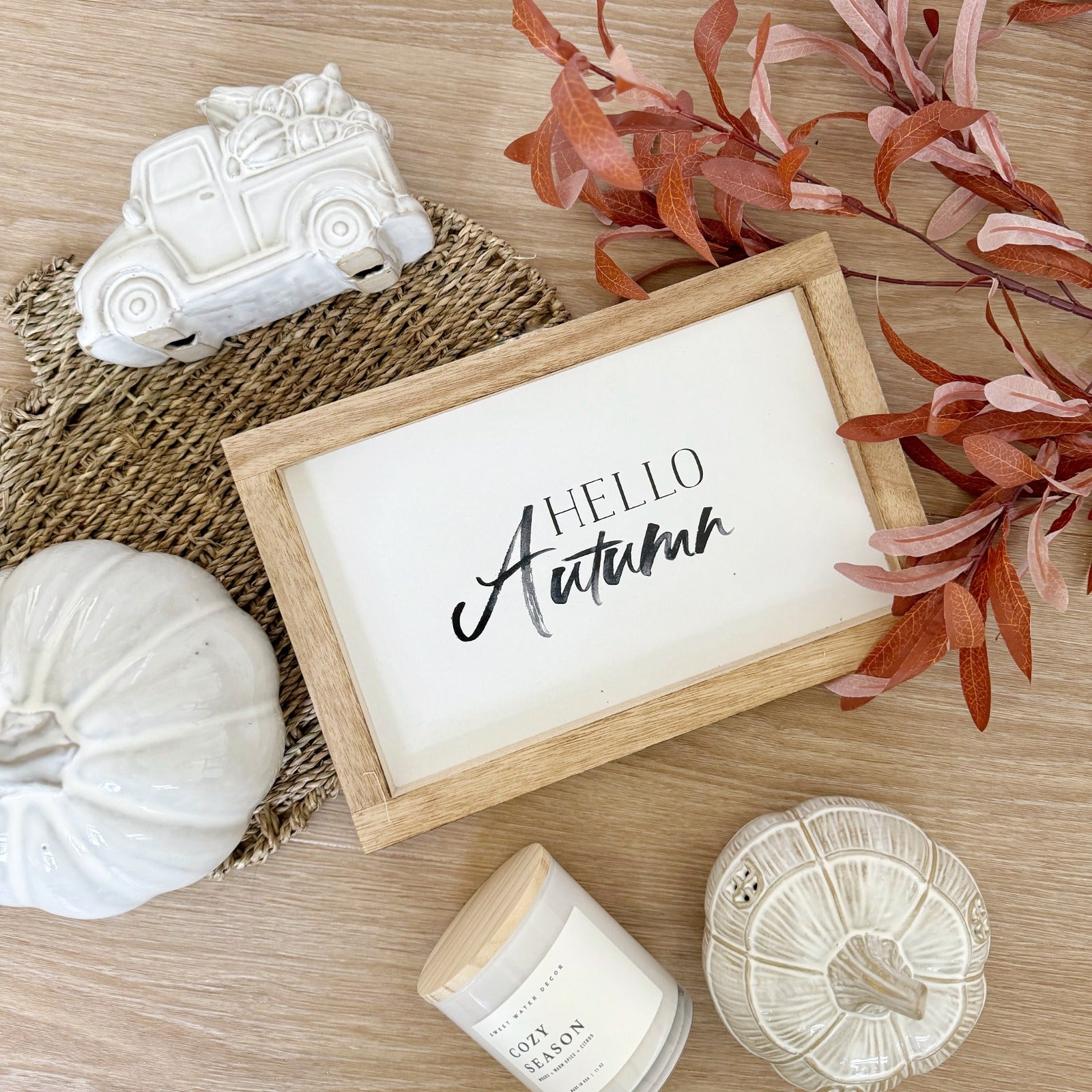 White Wooden Hello Autumn Sign