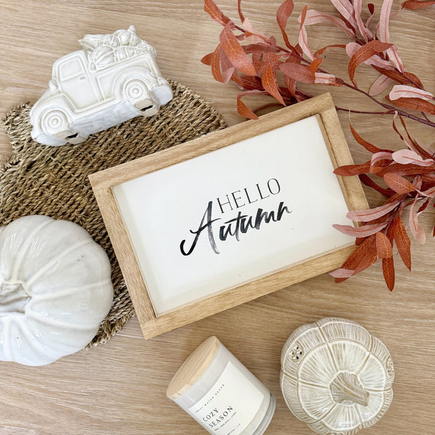 White Wooden Hello Autumn Sign