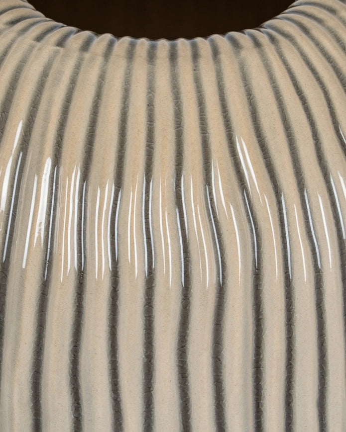 Textured beige striped vase from Hill Interiors, Pallida collection, showcasing a modern ceramic vase with subtle striped design.