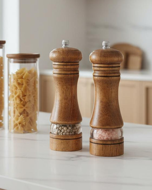 Wooden Salt And Pepper Mills - Set of Two, two wooden mills on a kitchen counter