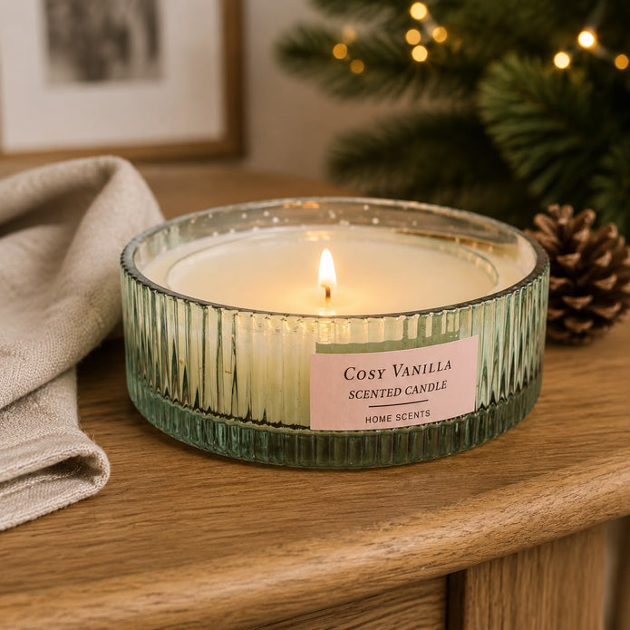 Sage Green Glass Ribbed Candle, sage ribbed glass candle burning beside Christmas greenery