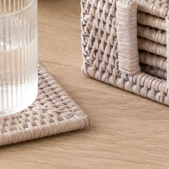 Rattan Square Coaster Set & Holder