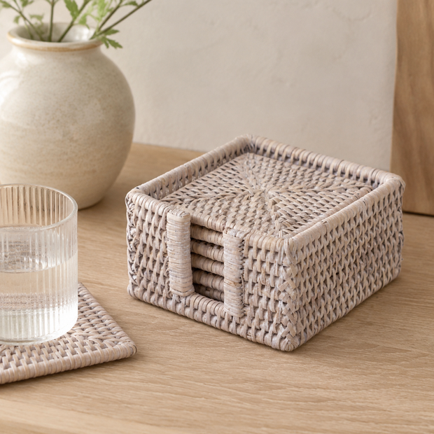 Rattan Square Coaster Set & Holder