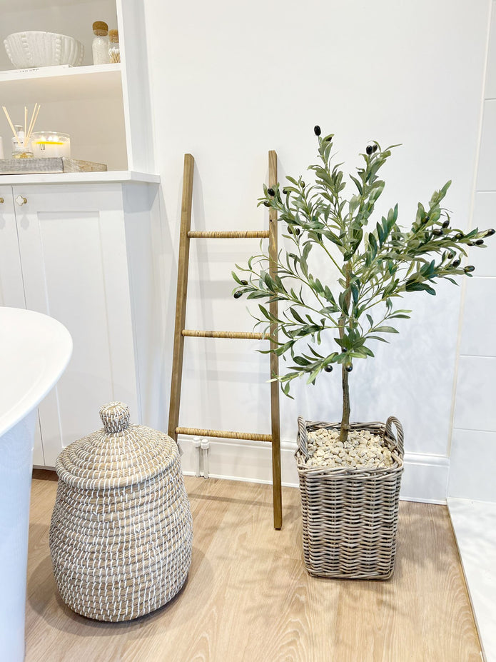 Artificial faux olive tree in a medium size, realistic green leaves, designed by Hill Interiors for elegant indoor or outdoor decor.