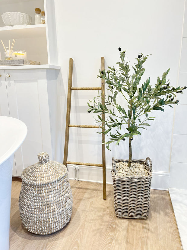 Artificial faux olive tree in a medium size, realistic green leaves, designed by Hill Interiors for elegant indoor or outdoor decor.