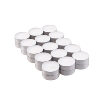 Ancient Wisdom unscented tealight candle in a small metal holder, designed for 4-hour burn time, ideal for ambiance or meditation.