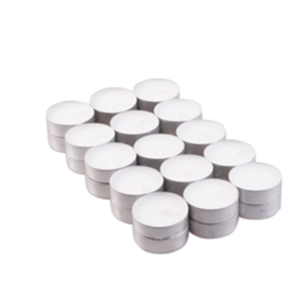 Ancient Wisdom unscented tealight candle with 4-hour burn time, small cylindrical candle ideal for ambiance or decorations.