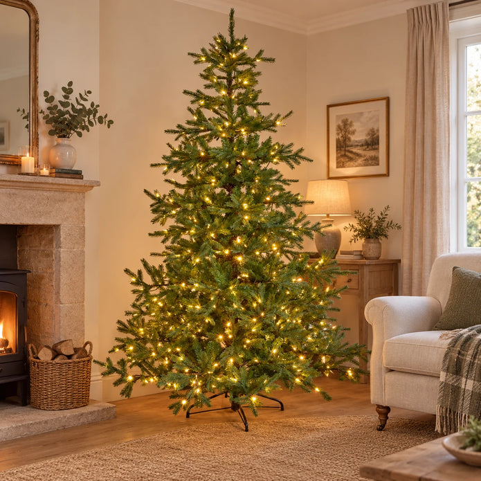 Illuminated green InLit King Conifer Christmas tree beside an armchair in a neutral room.