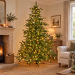 Illuminated green InLit King Conifer Christmas tree beside an armchair in a neutral room.
