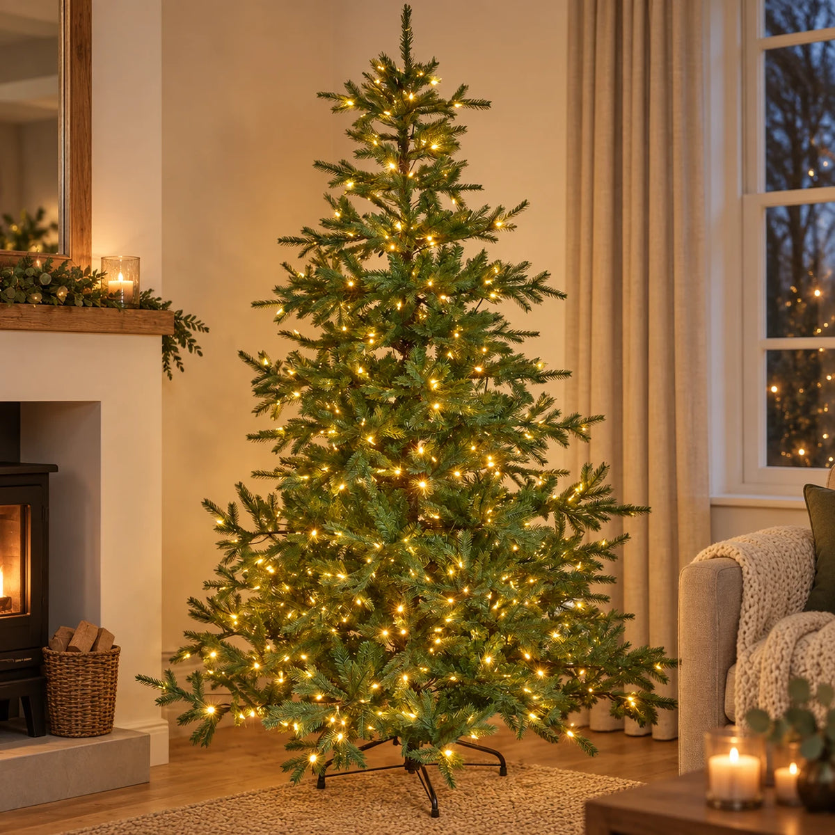 InLit King Conifer Christmas tree with warm lights beside a window at dusk.