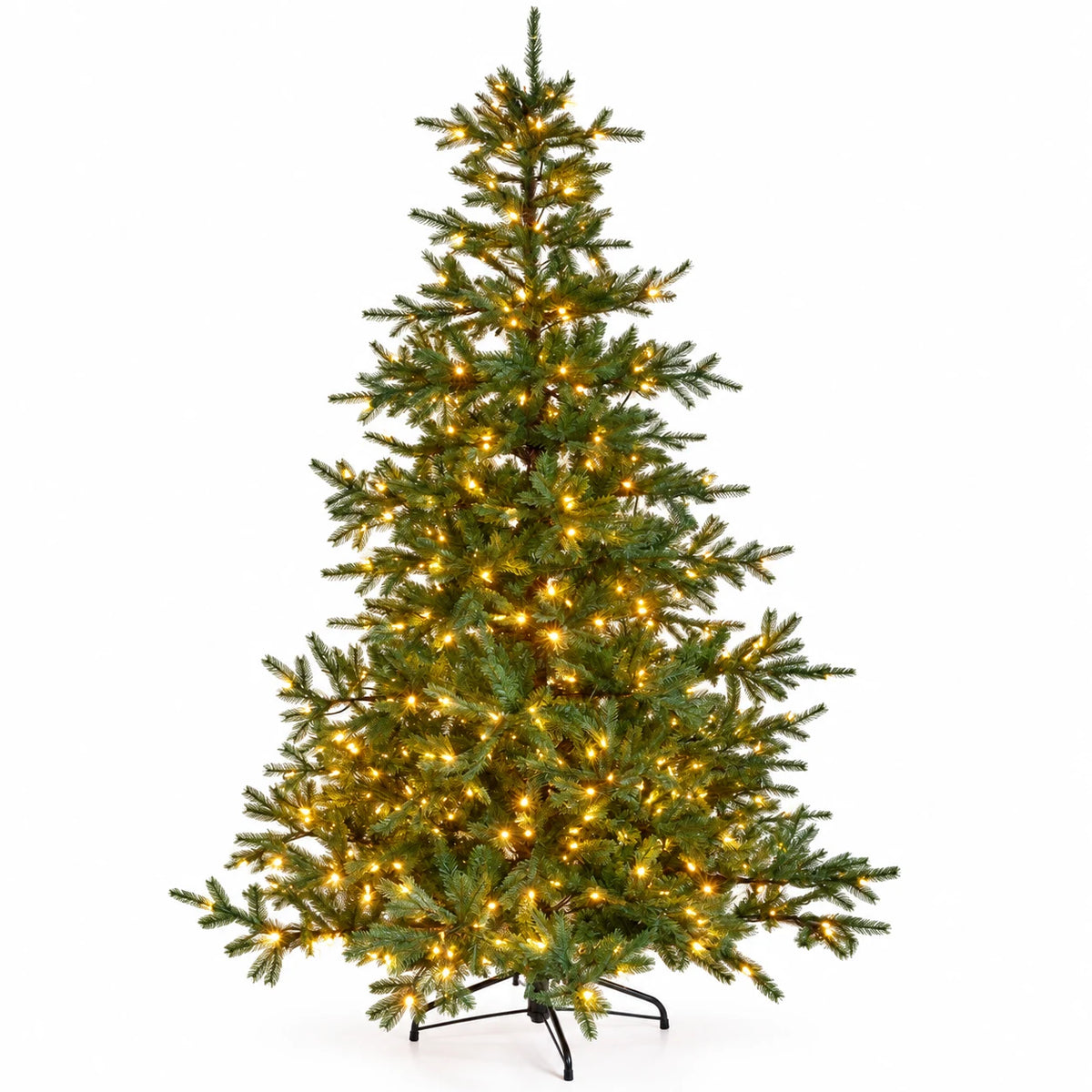 Full studio view of the green InLit King Conifer Christmas tree and stand.