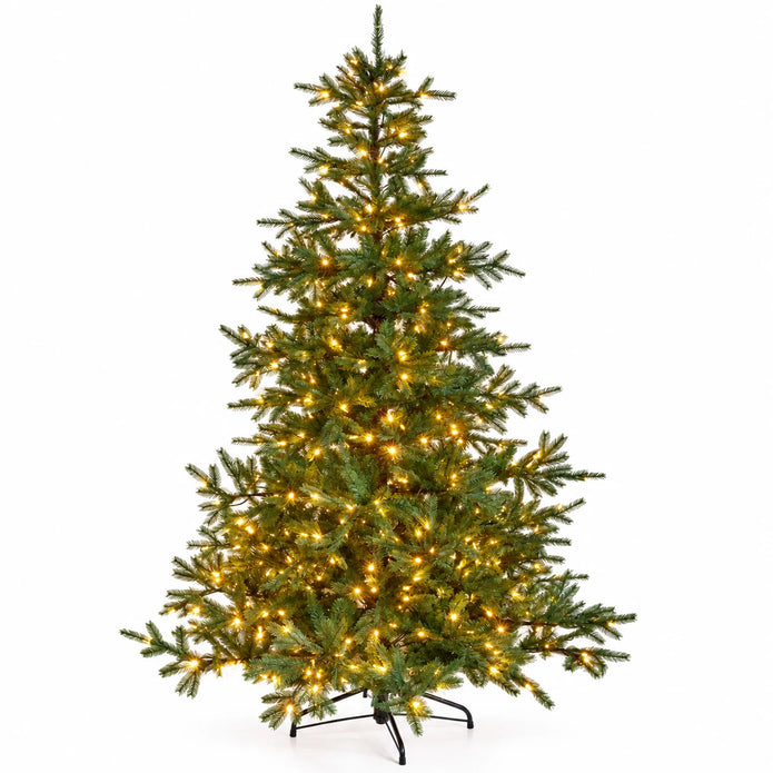 Full studio view of the green InLit King Conifer Christmas tree and stand.