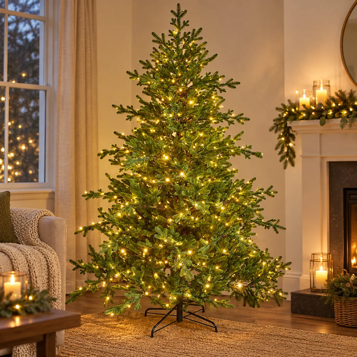 InLit Regal KingTree Christmas tree glowing beside a window in a softly lit room.