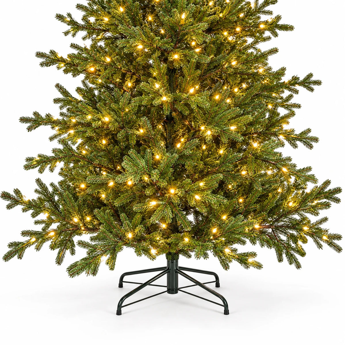 Lower green branches, warm lights and black stand of the InLit Regal KingTree Christmas tree.
