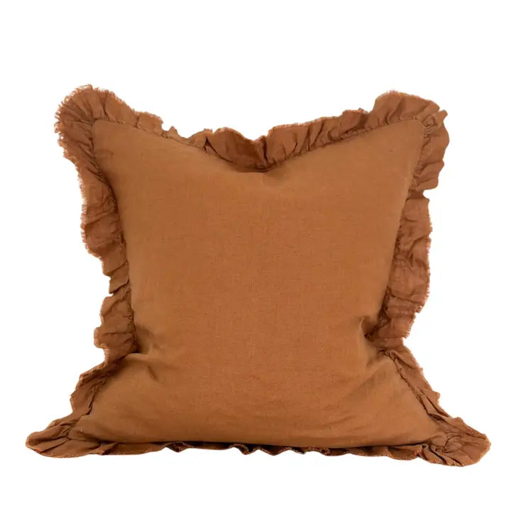 Hallie Rust Brown Square Ruffle Linen Blend Cushion Cover