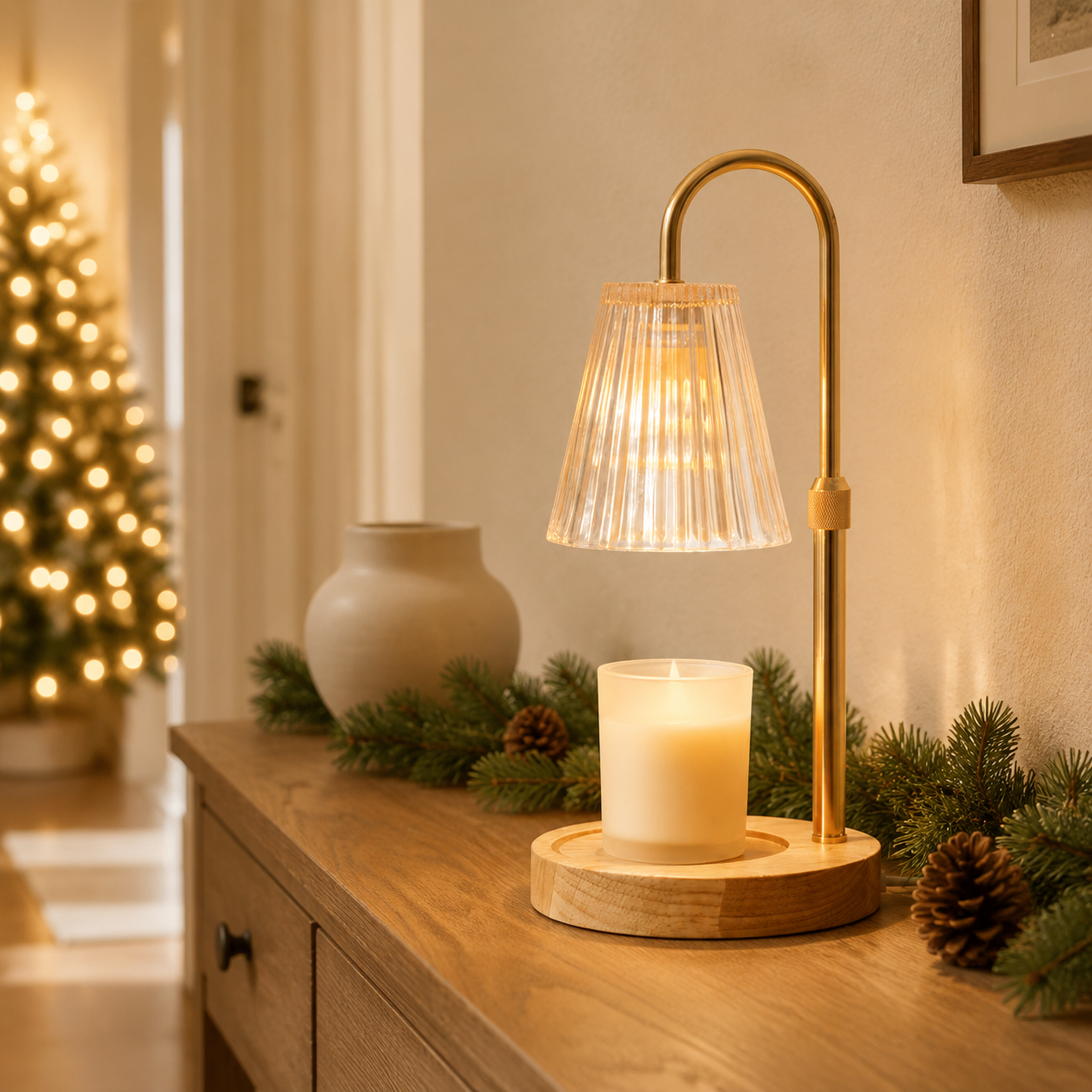 LED White Candle Warmer Lamp With Glass Ribbed Shade
