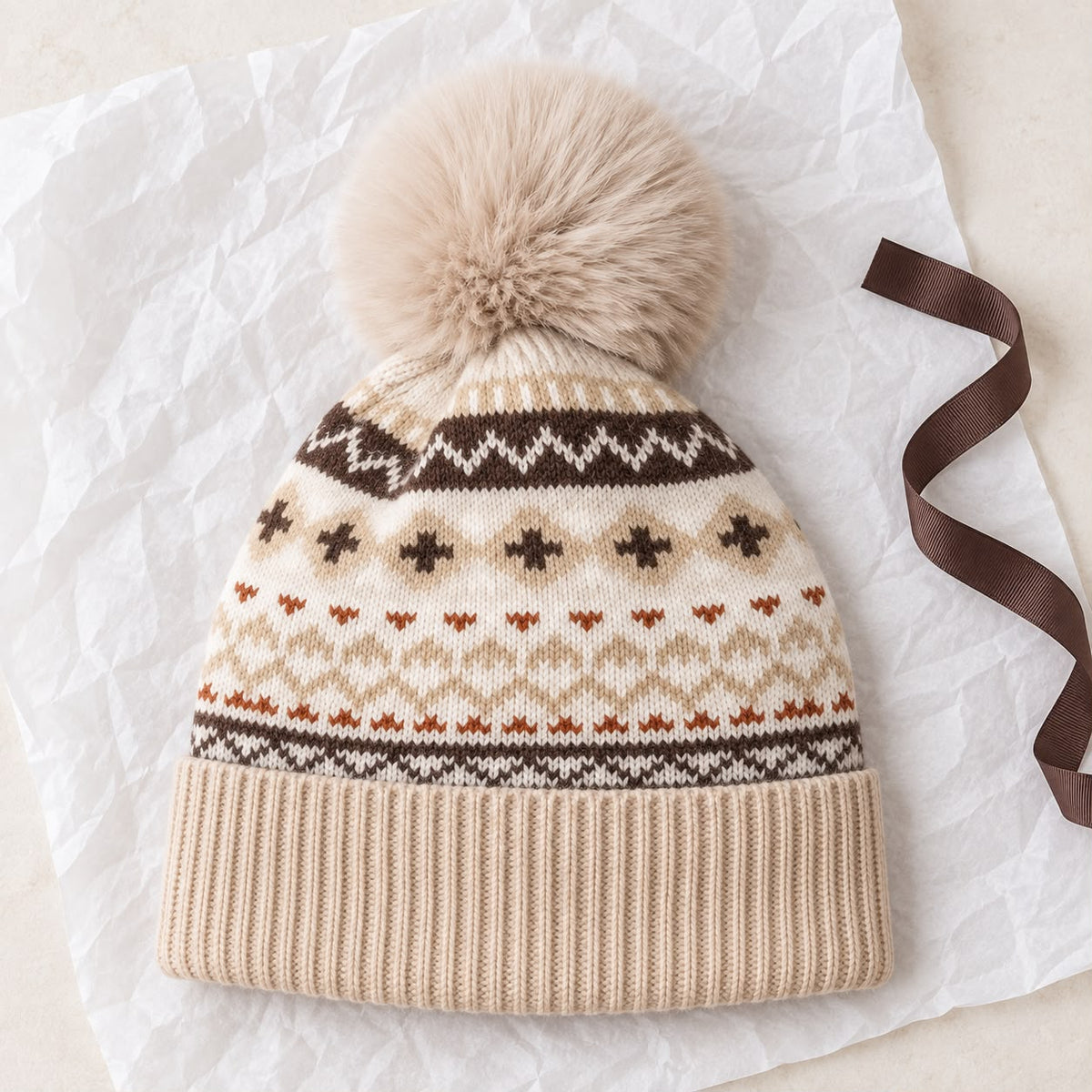 Beige Nordic Cosy Bobble Hat