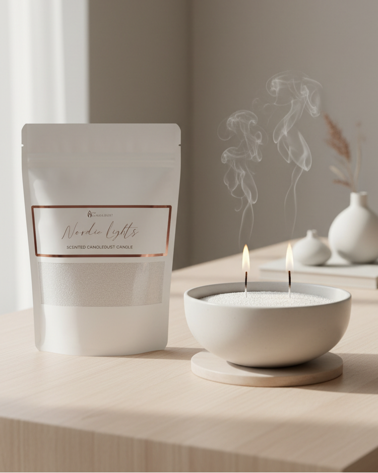 White scented candle sand kit by The Candledust, featuring home fragrance with white wax and decorative sand elements.