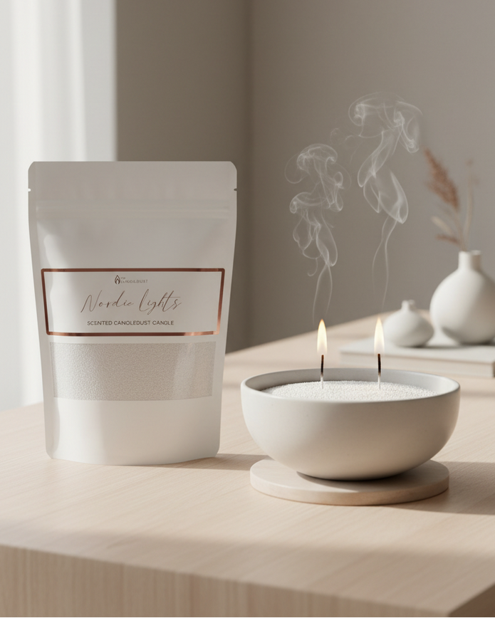 White scented candle sand kit by The Candledust, featuring home fragrance with white wax and decorative sand elements.